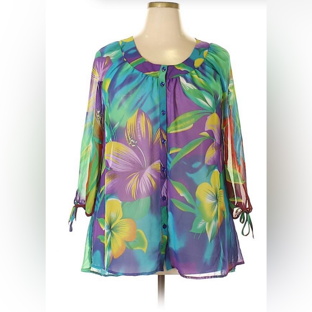 Emma K 3/4 sleeve women's blouse, hibiscus flower print, sheer, size 1X